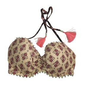 Victoria's Secret The Getaway Halter Bikini Top 34DD Boho Tassel Pom Pom Pink